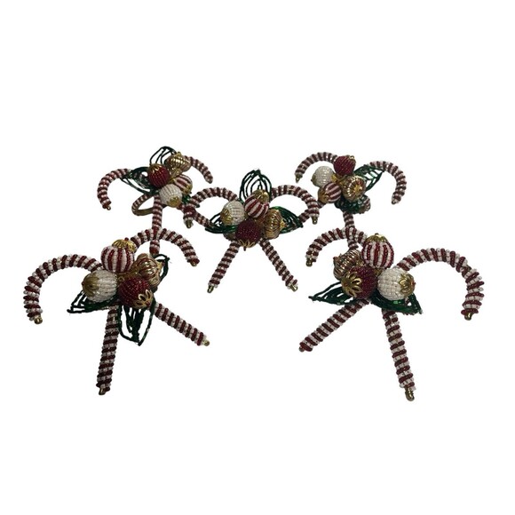 Vintage Pier 1 Beaded Christmas Crossed Candy Cane Ornament Napkin Rings 5pc Set - Picture 2 of 8